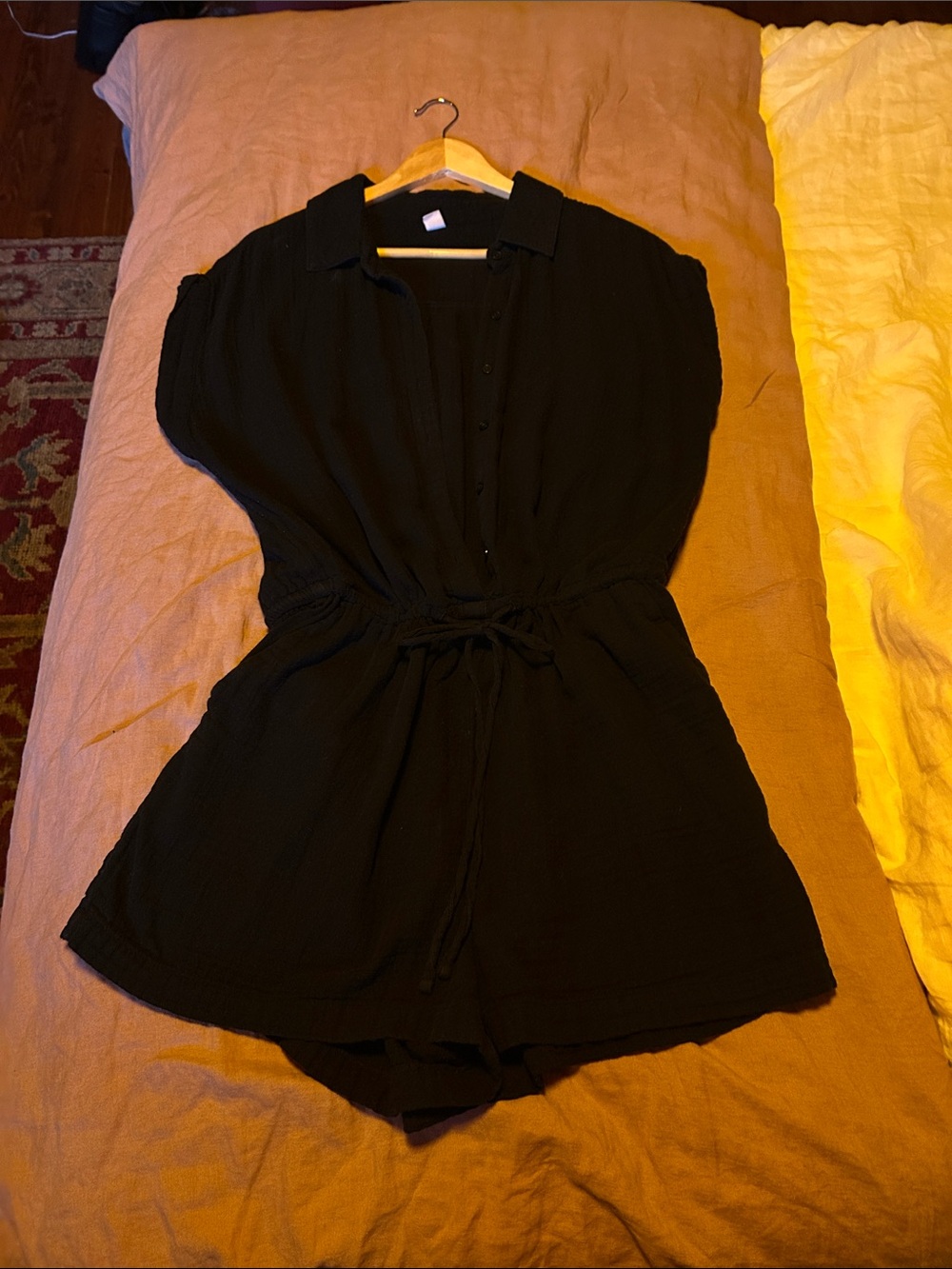 Old Navy Black Short-Sleeve Button Romper with Drawstring Waist